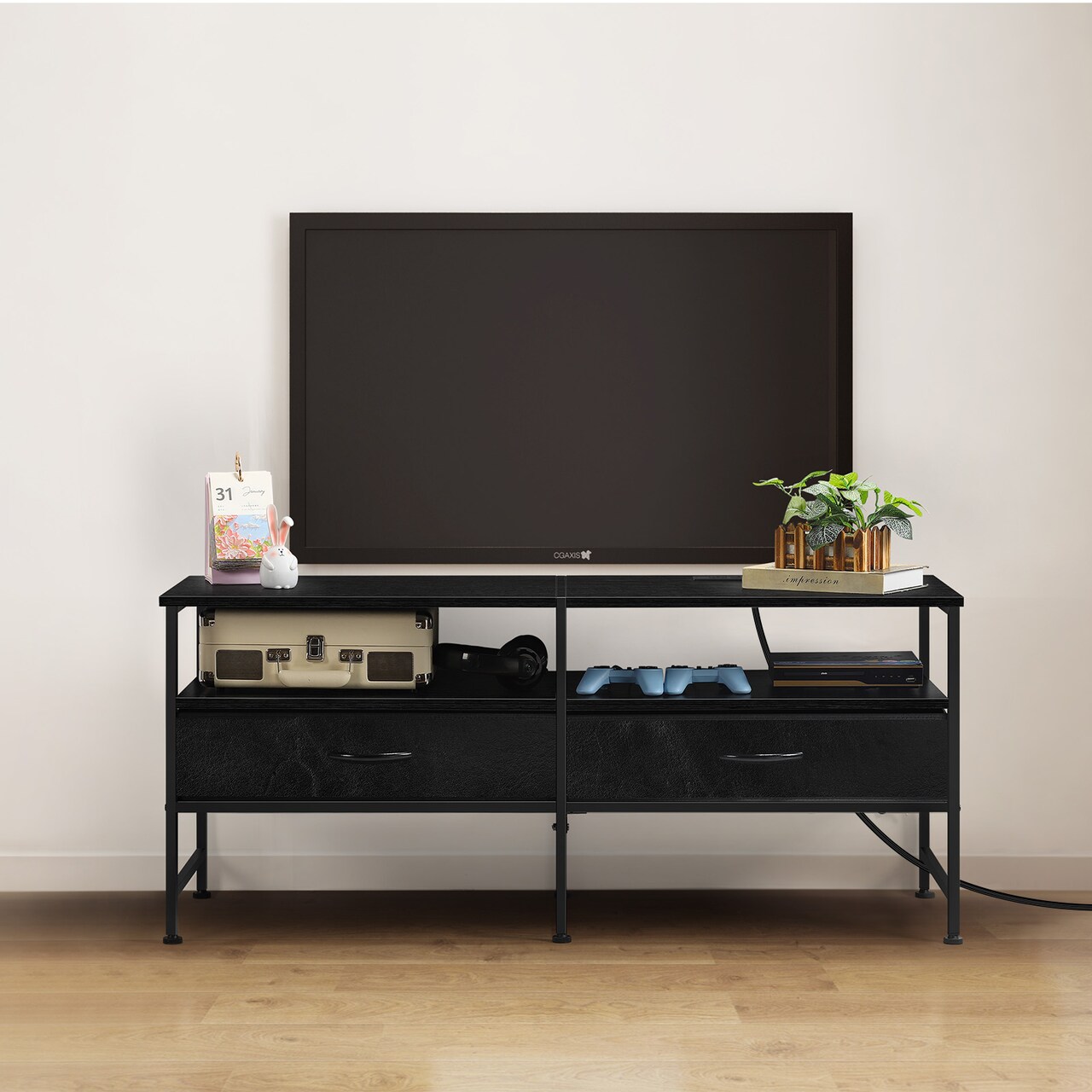 Black TV Stand with Power Outlets & USB Ports, for 50 Inch TVs, Storage Drawers